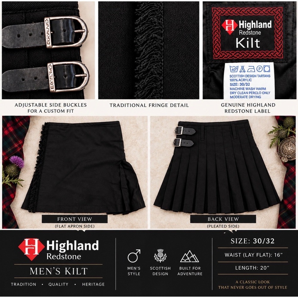 NWT Highland Redstone Mens Black Tartan Kilt 30/32 Scottish Pleated Buckle Skirt